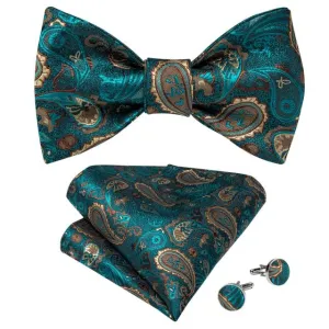 Turquoise Blue & Tan Paisley Matching Bowtie Set (3pc)