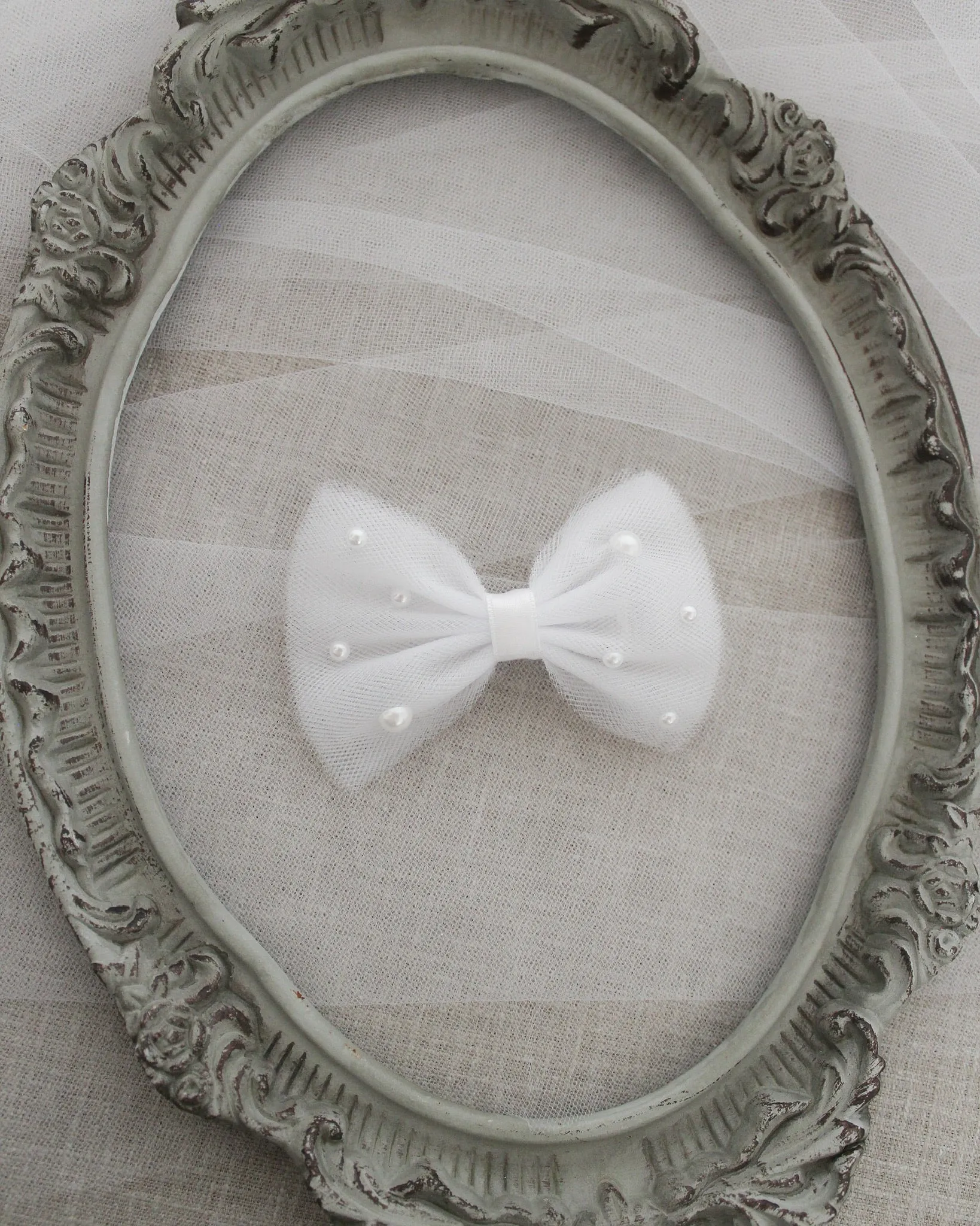 Tuxedo Tulle Bow Hair Clip or Shoe Clips with Scattered Pearls