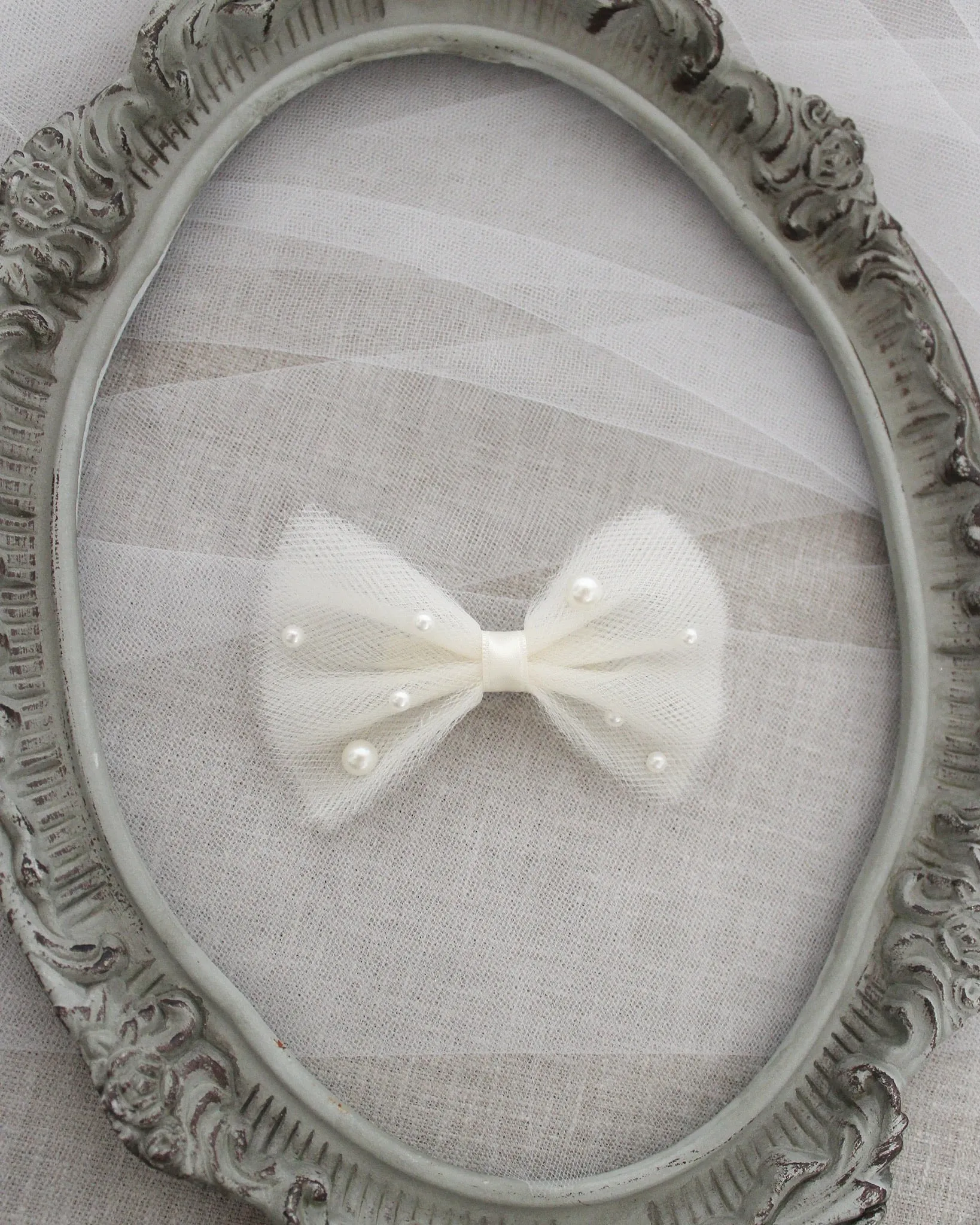 Tuxedo Tulle Bow Hair Clip or Shoe Clips with Scattered Pearls