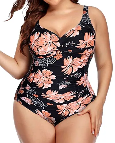 Twist Front Retro One Piece Swimsuits For Women Plus Size-Black Orange Floral