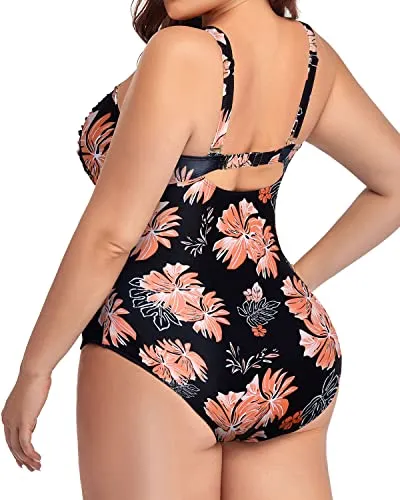 Twist Front Retro One Piece Swimsuits For Women Plus Size-Black Orange Floral