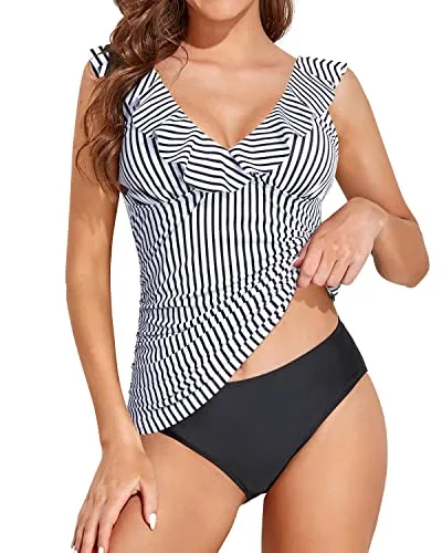 Two Piece Ruffle V Neck Tankini Swimsuits for Women Tummy Control Bathing Suit