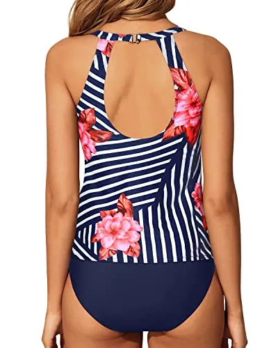 Two Piecehigh Waisted High Neck Tankini Swimsuits For Women-Blue Floral