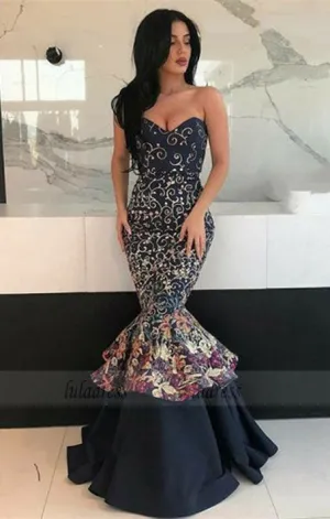 unique floral party dresses with lace, gorgeous trumpet evening gowns