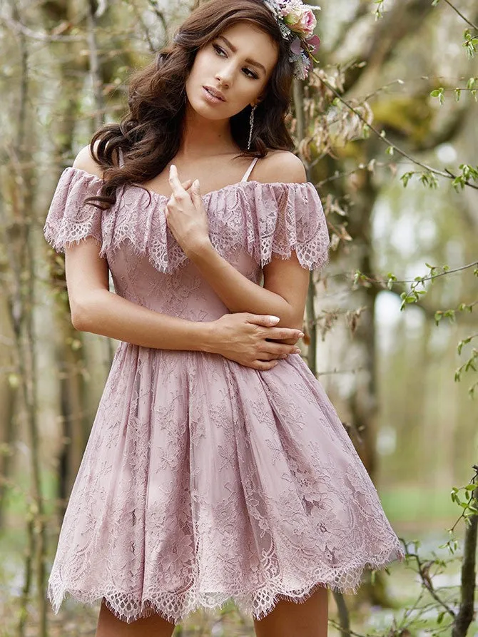 Unique Lace Spaghetti Straps Neckline A-line Homecoming Dresses HD284