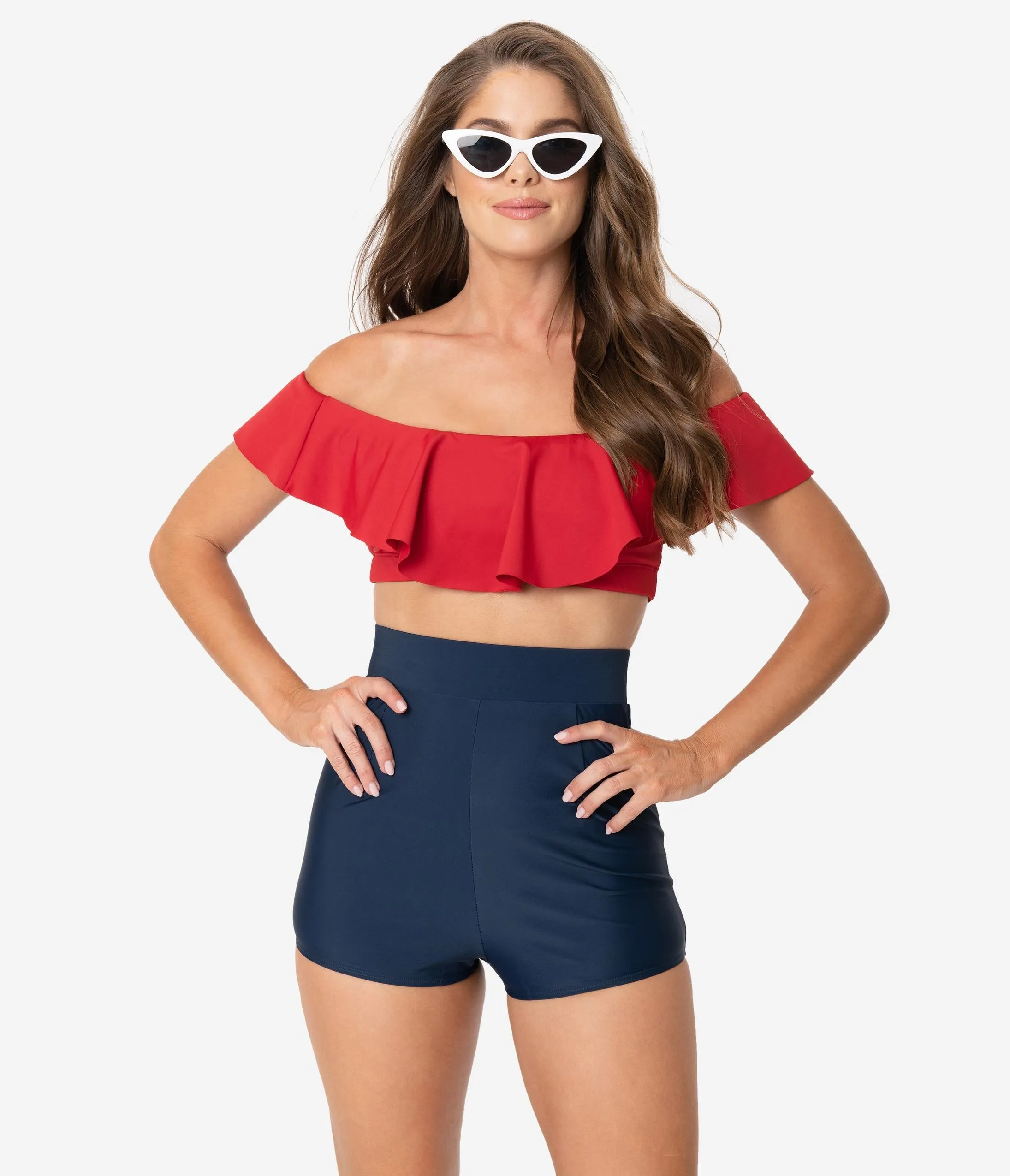 Unique Vintage Navy Blue High Waist Capitola Swim Shorts