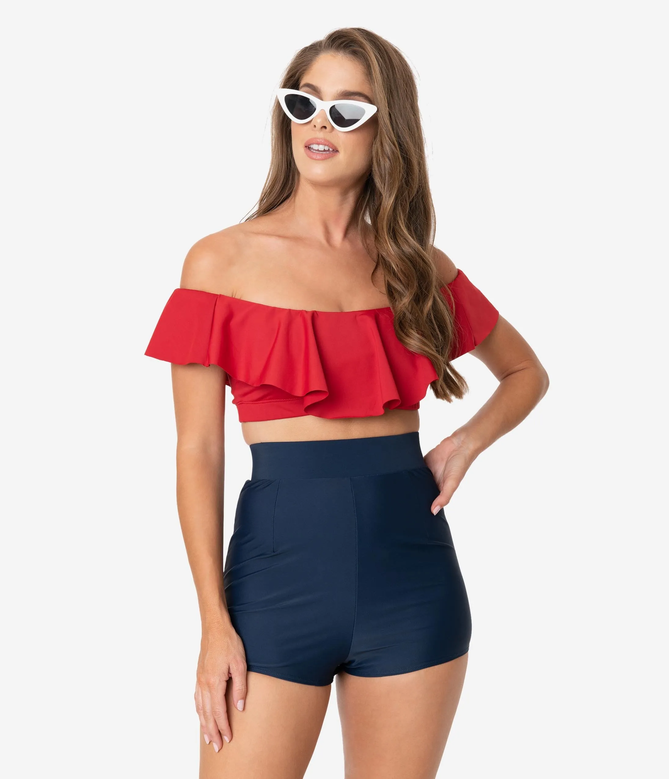 Unique Vintage Navy Blue High Waist Capitola Swim Shorts