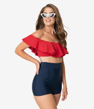 Unique Vintage Navy Blue High Waist Capitola Swim Shorts