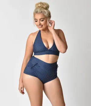 Unique Vintage Plus Size Navy & Ivory Pin Dot Gilda High Waist Swim Bottoms