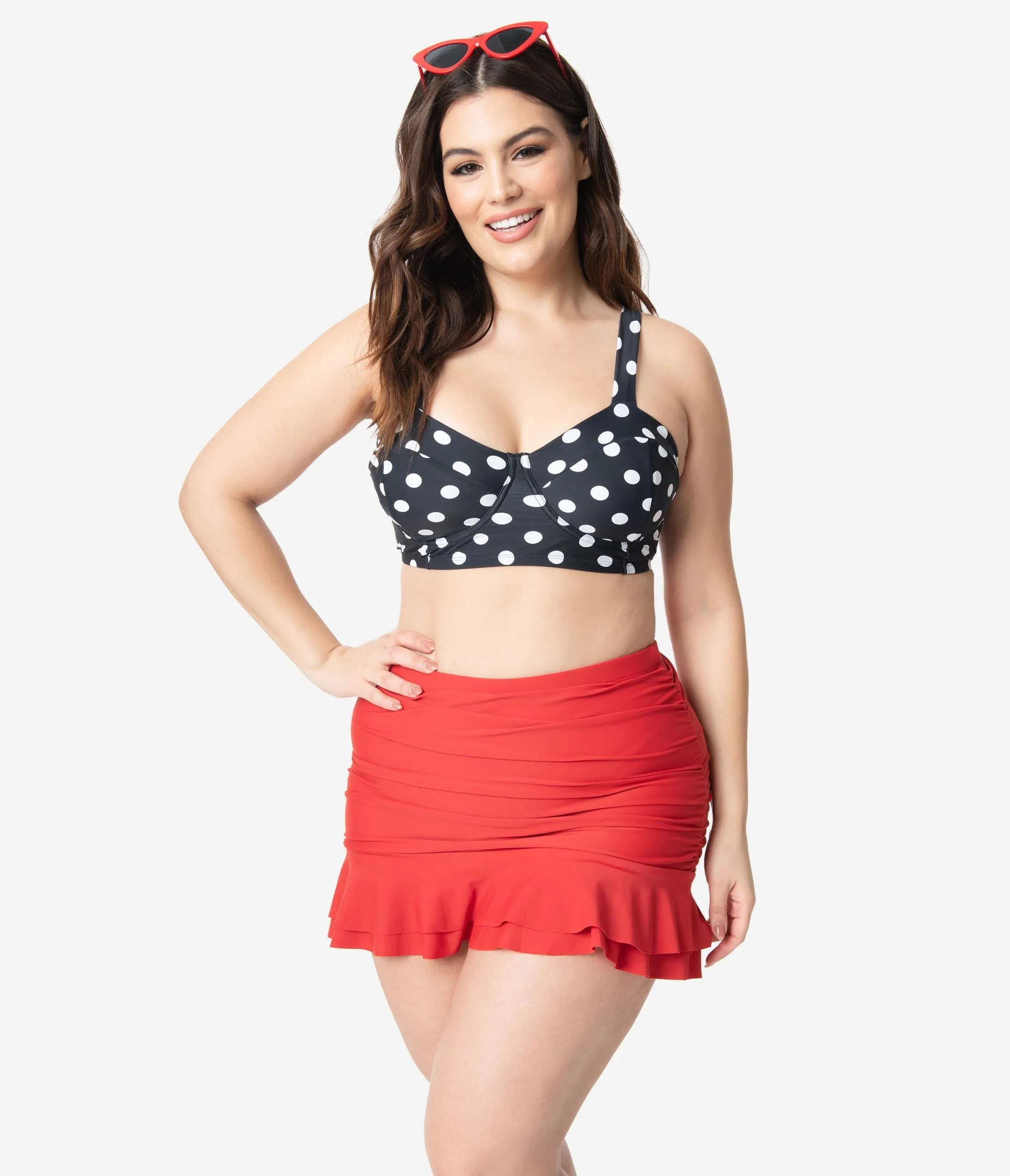Unique Vintage Plus Size Red Skirted High Waist Alice Swim Bottoms