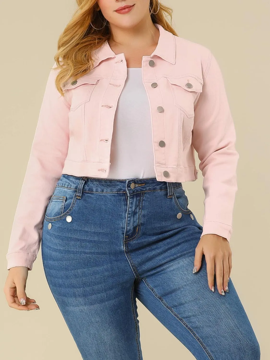 uxcell Women's Plus Size Button Closed Cropped Denim Jackets Stitching 2025
