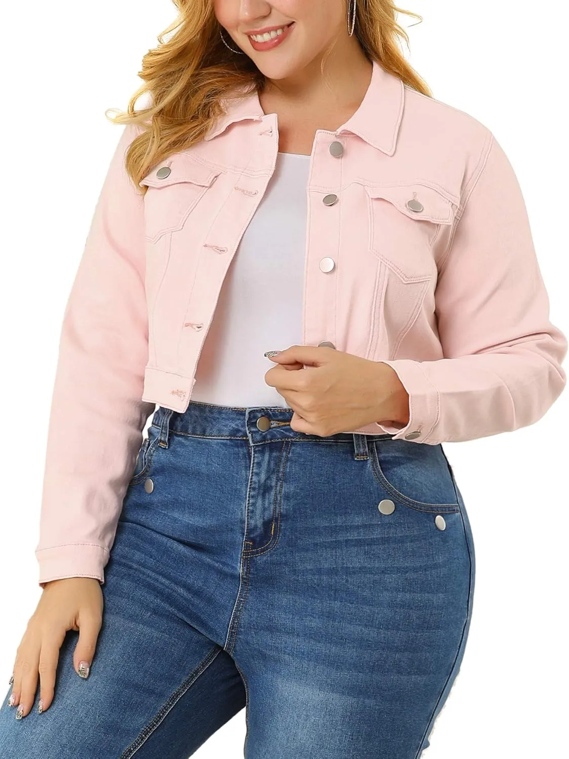 uxcell Women's Plus Size Button Closed Cropped Denim Jackets Stitching 2025