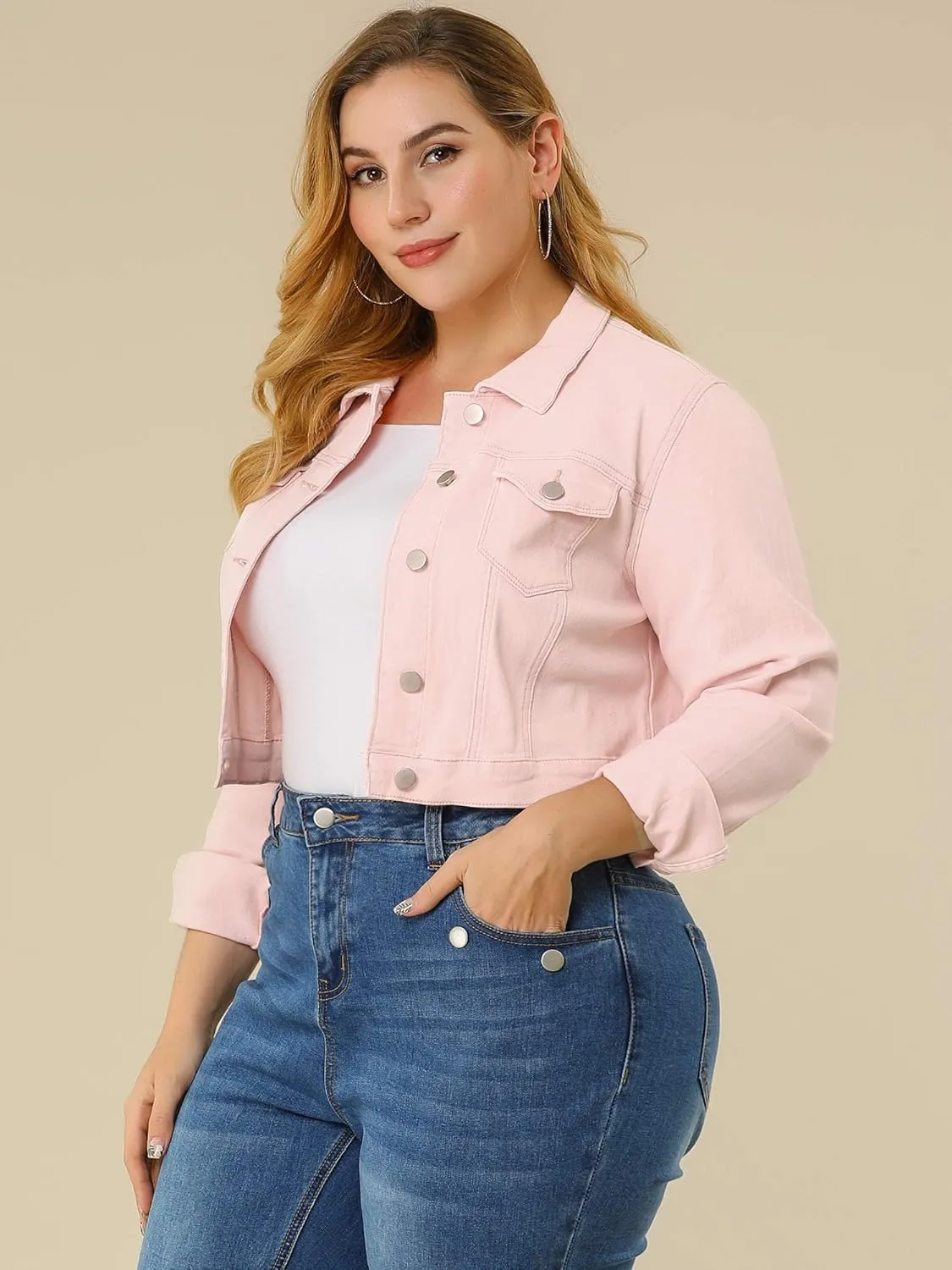 uxcell Women's Plus Size Button Closed Cropped Denim Jackets Stitching 2025