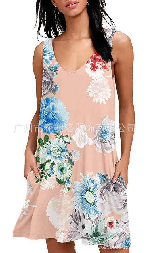 V-Neck Printed Sleeveless Tank Top Pocket Dress Casual Midi Pocket Dress