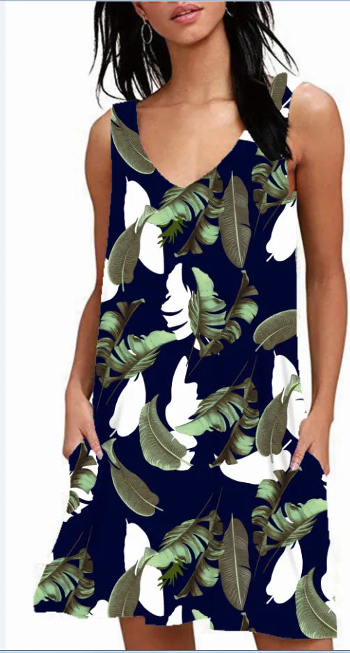 V-Neck Printed Sleeveless Tank Top Pocket Dress Casual Midi Pocket Dress