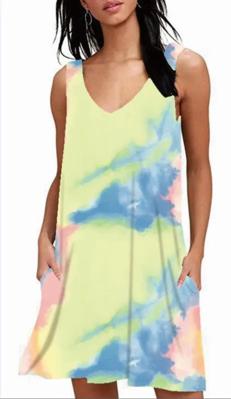 V-Neck Printed Sleeveless Tank Top Pocket Dress Casual Midi Pocket Dress