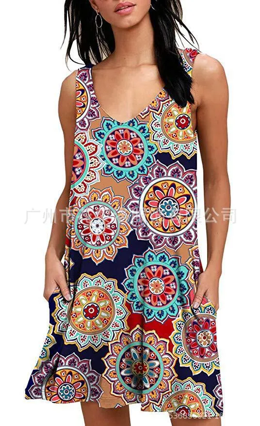 V-Neck Printed Sleeveless Tank Top Pocket Dress Casual Midi Pocket Dress