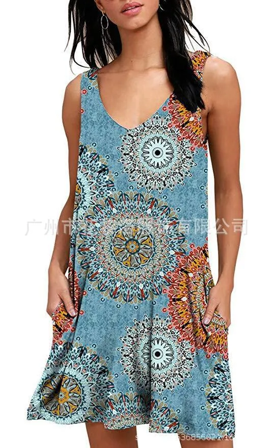 V-Neck Printed Sleeveless Tank Top Pocket Dress Casual Midi Pocket Dress