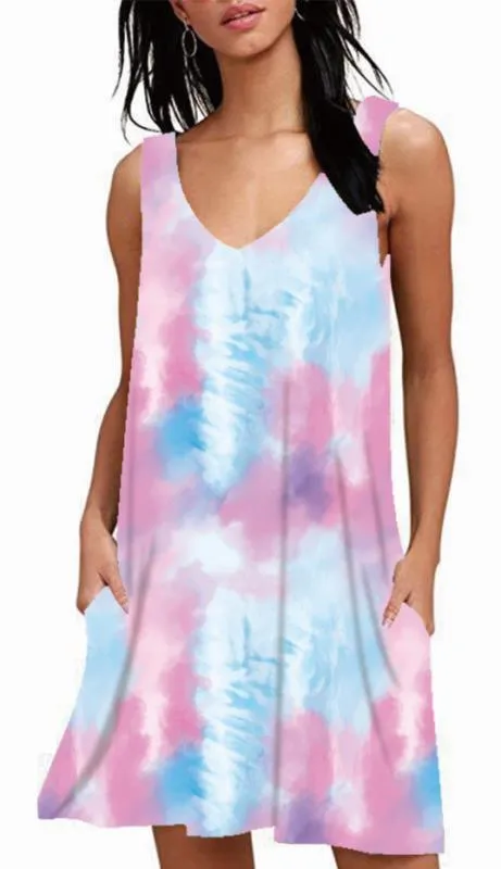 V-Neck Printed Sleeveless Tank Top Pocket Dress Casual Midi Pocket Dress