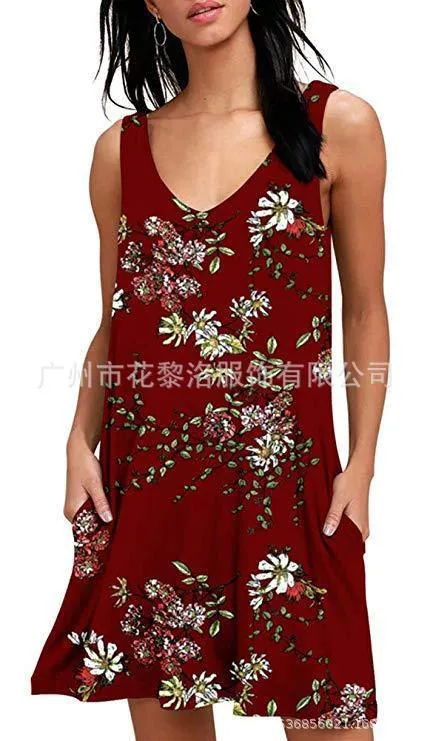 V-Neck Printed Sleeveless Tank Top Pocket Dress Casual Midi Pocket Dress