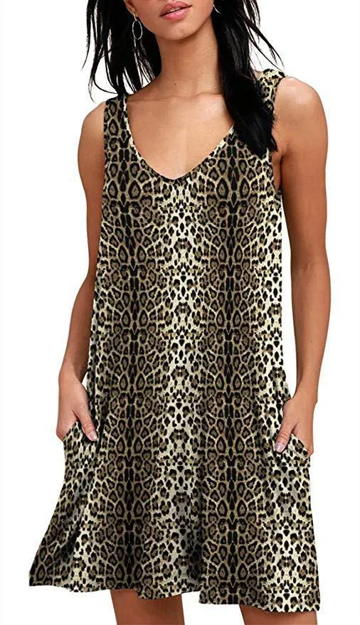 V-Neck Printed Sleeveless Tank Top Pocket Dress Casual Midi Pocket Dress