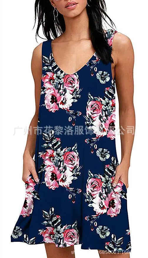 V-Neck Printed Sleeveless Tank Top Pocket Dress Casual Midi Pocket Dress