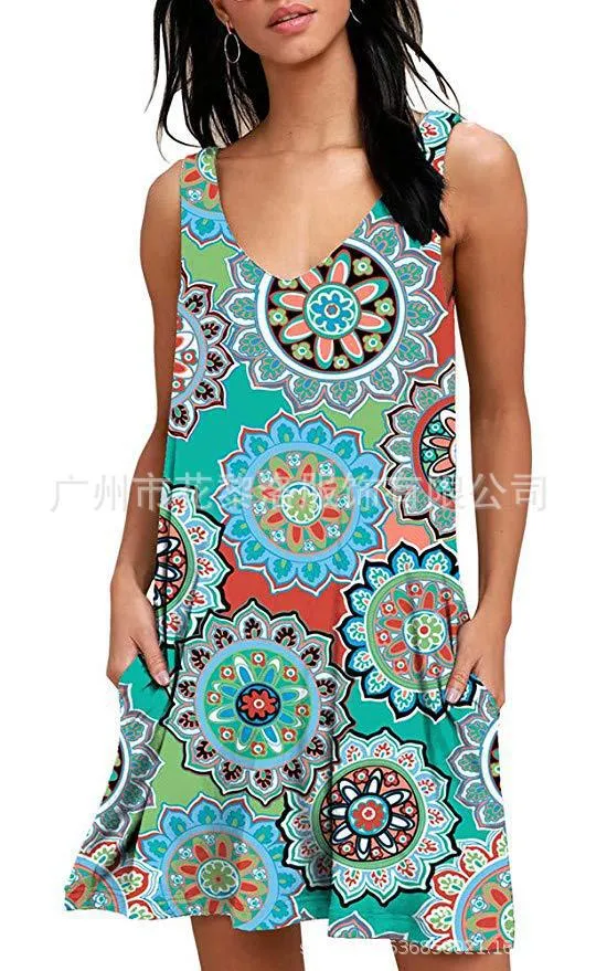 V-Neck Printed Sleeveless Tank Top Pocket Dress Casual Midi Pocket Dress