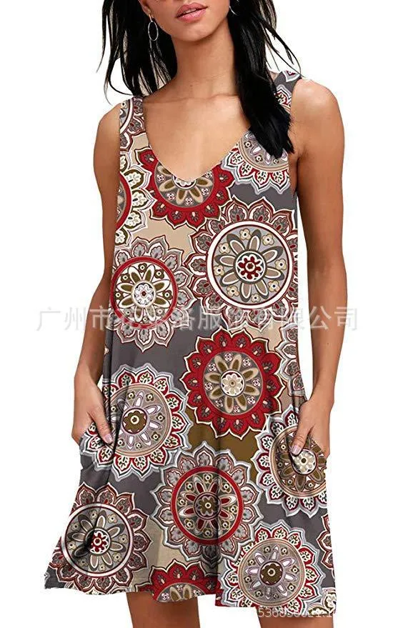 V-Neck Printed Sleeveless Tank Top Pocket Dress Casual Midi Pocket Dress