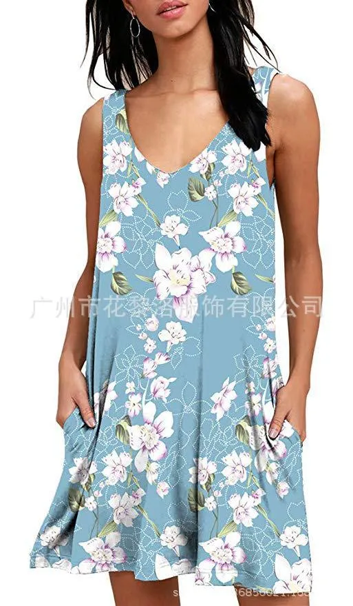 V-Neck Printed Sleeveless Tank Top Pocket Dress Casual Midi Pocket Dress