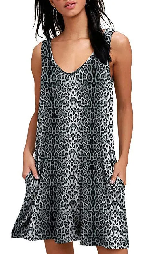 V-Neck Printed Sleeveless Tank Top Pocket Dress Casual Midi Pocket Dress