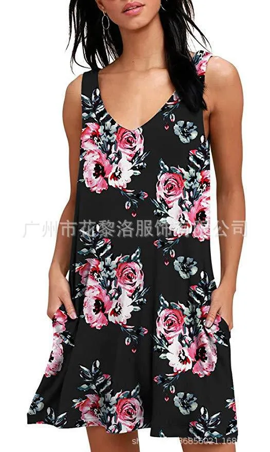 V-Neck Printed Sleeveless Tank Top Pocket Dress Casual Midi Pocket Dress