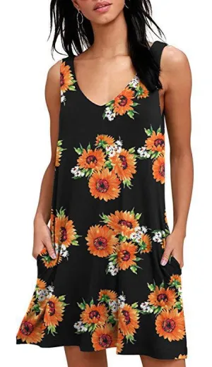 V-Neck Printed Sleeveless Tank Top Pocket Dress Casual Midi Pocket Dress