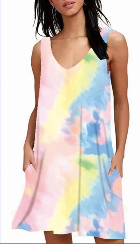 V-Neck Printed Sleeveless Tank Top Pocket Dress Casual Midi Pocket Dress