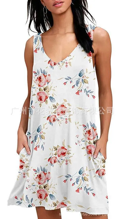 V-Neck Printed Sleeveless Tank Top Pocket Dress Casual Midi Pocket Dress