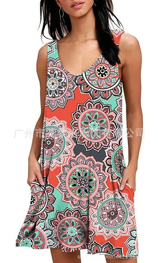 V-Neck Printed Sleeveless Tank Top Pocket Dress Casual Midi Pocket Dress