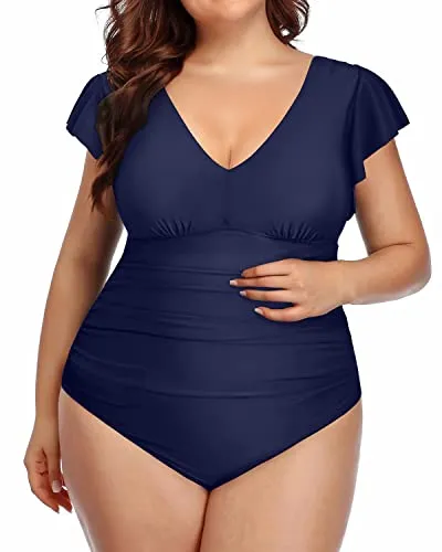 V-Neck Ruffle Bathing Suits Plus Size Tummy Control Swimsuits-Navy Blue