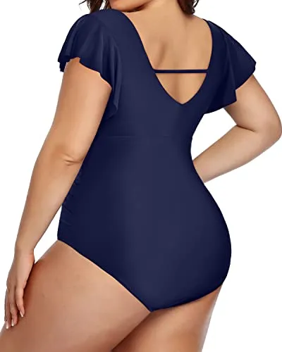 V-Neck Ruffle Bathing Suits Plus Size Tummy Control Swimsuits-Navy Blue