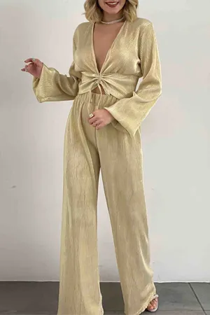 V Neck Shirring Puff Sleeve Wide Leg Pants Set