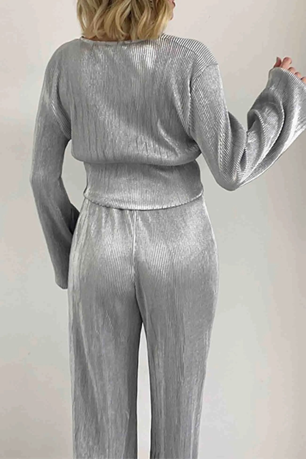 V Neck Shirring Puff Sleeve Wide Leg Pants Set