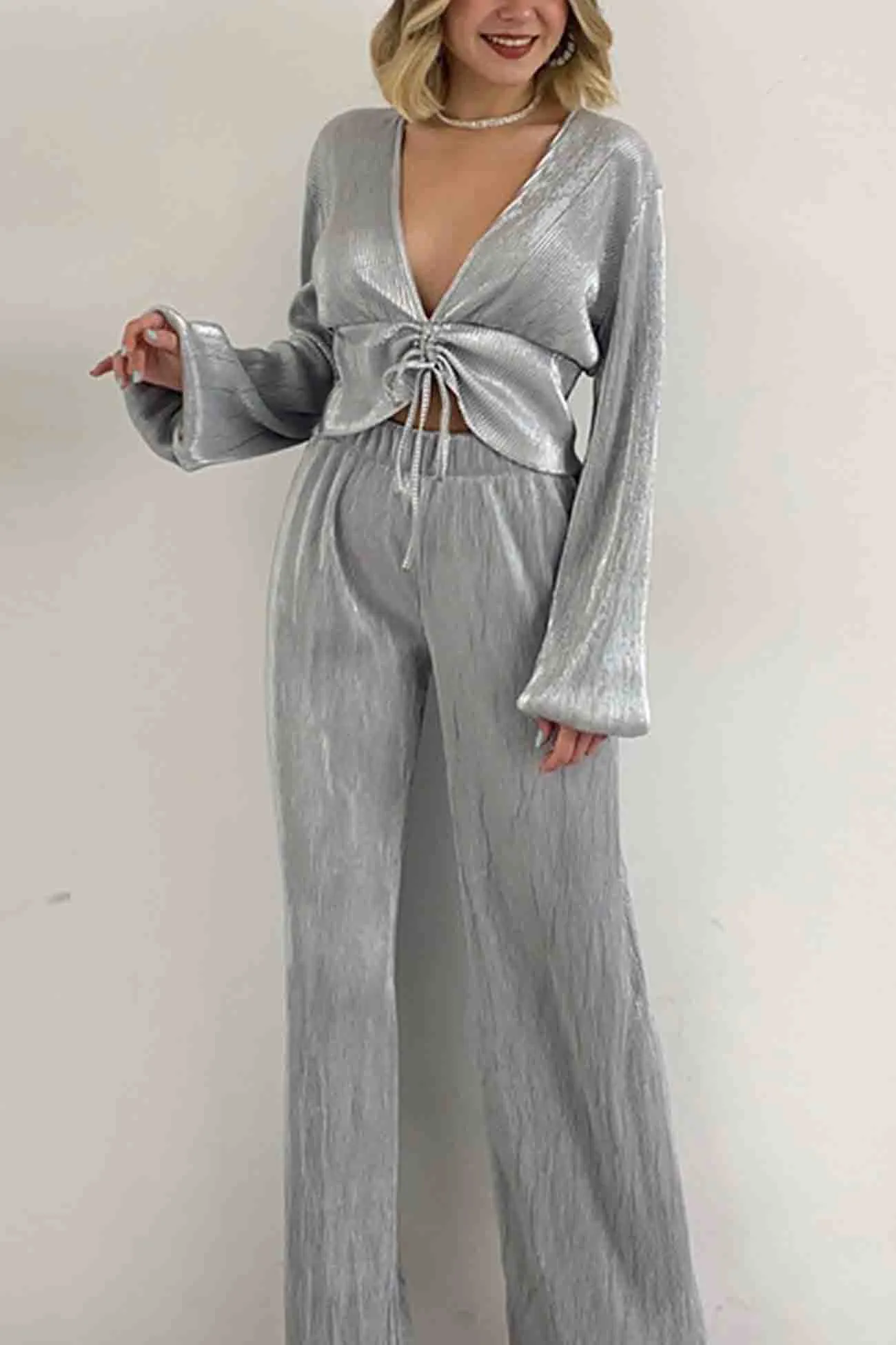 V Neck Shirring Puff Sleeve Wide Leg Pants Set