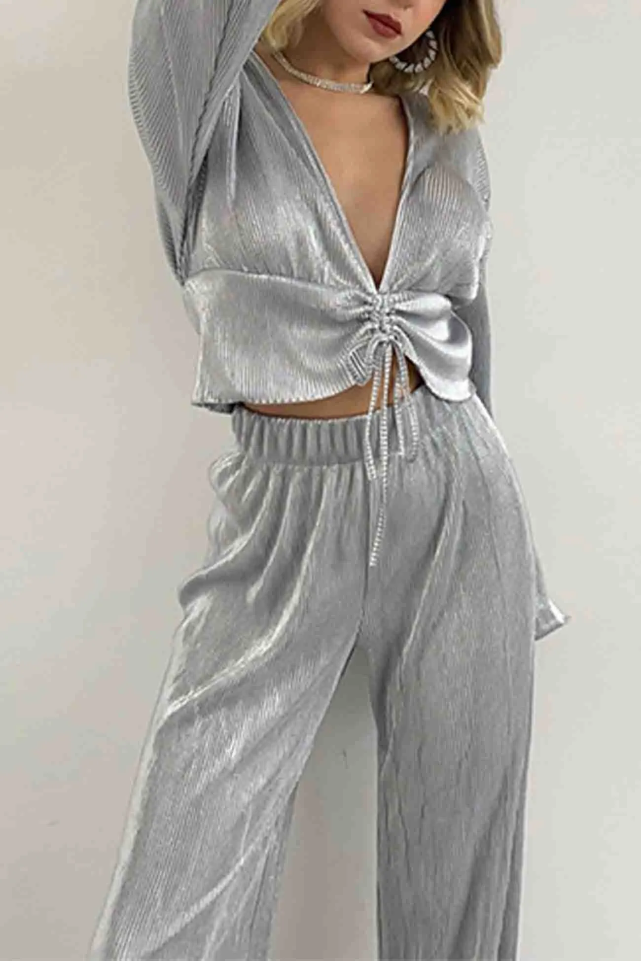 V Neck Shirring Puff Sleeve Wide Leg Pants Set