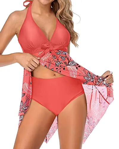 V Neck Two Piece Mesh Swim Dress With Tummy Control Boy Shorts-Red Floral