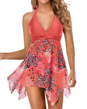 V Neck Two Piece Mesh Swim Dress With Tummy Control Boy Shorts-Red Floral