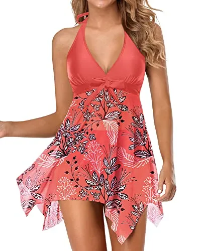 V Neck Two Piece Mesh Swim Dress With Tummy Control Boy Shorts-Red Floral