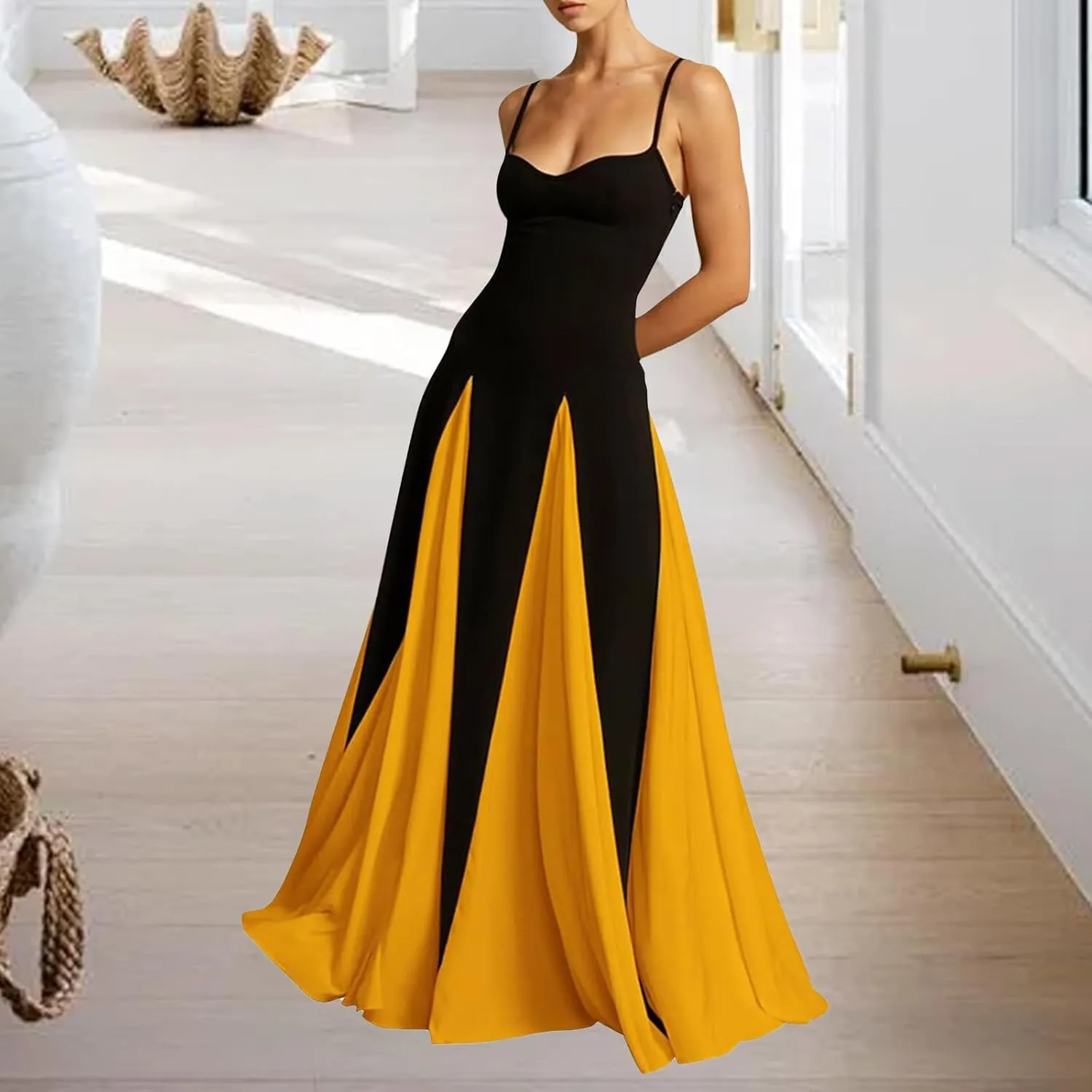 Vacation Dresses for Women 2025 Color Block Spaghetti Strap Maxi Dress Pleated High Waist A Line Long Dresses