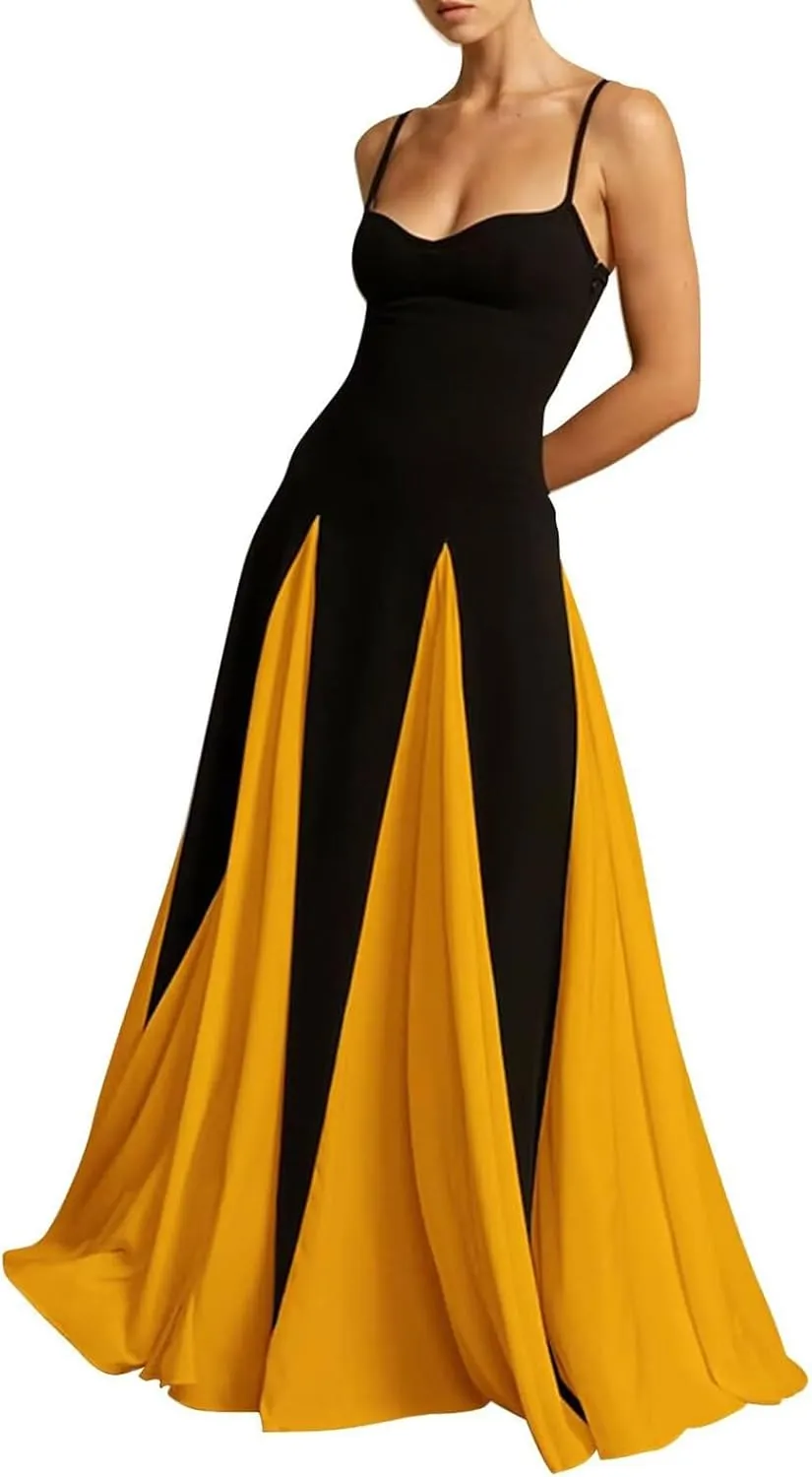 Vacation Dresses for Women 2025 Color Block Spaghetti Strap Maxi Dress Pleated High Waist A Line Long Dresses