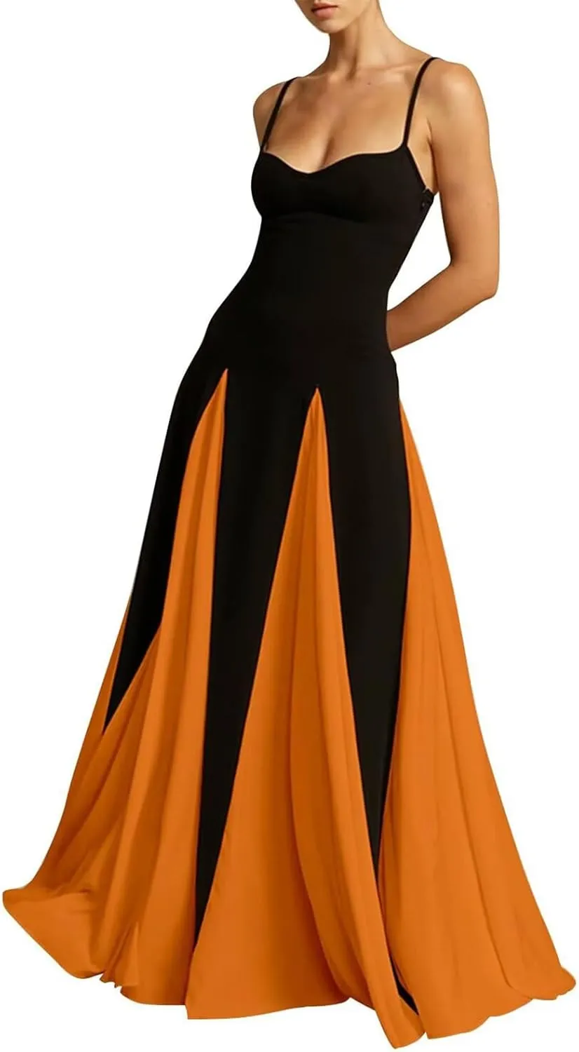 Vacation Dresses for Women 2025 Color Block Spaghetti Strap Maxi Dress Pleated High Waist A Line Long Dresses