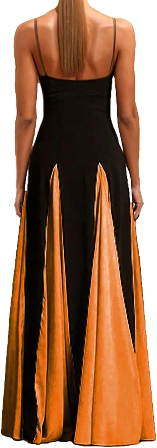 Vacation Dresses for Women 2025 Color Block Spaghetti Strap Maxi Dress Pleated High Waist A Line Long Dresses