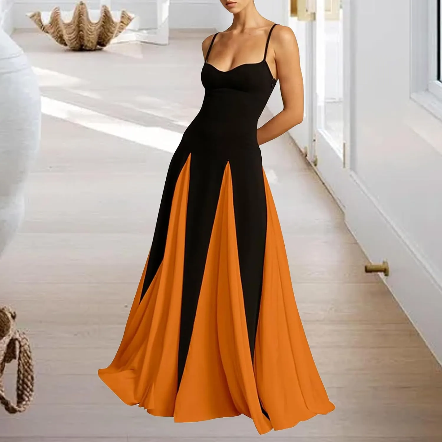 Vacation Dresses for Women 2025 Color Block Spaghetti Strap Maxi Dress Pleated High Waist A Line Long Dresses