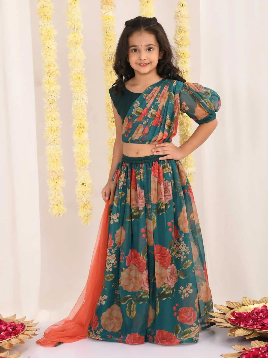 VASTRAMAY Girls'  Green Printed Organza Lehenga With Dupatta Set